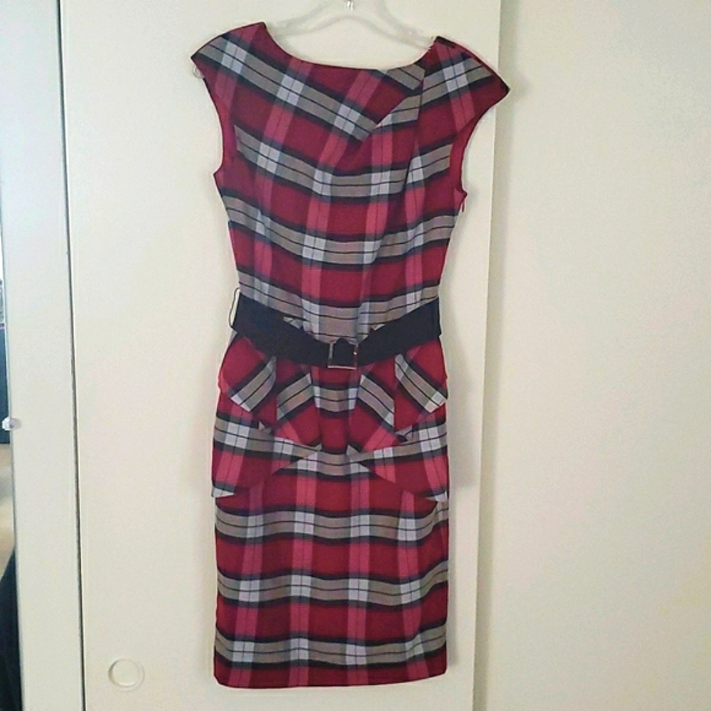Venus plaid peplum dress midi with belt side zipper closure Retro Women’s Size 2